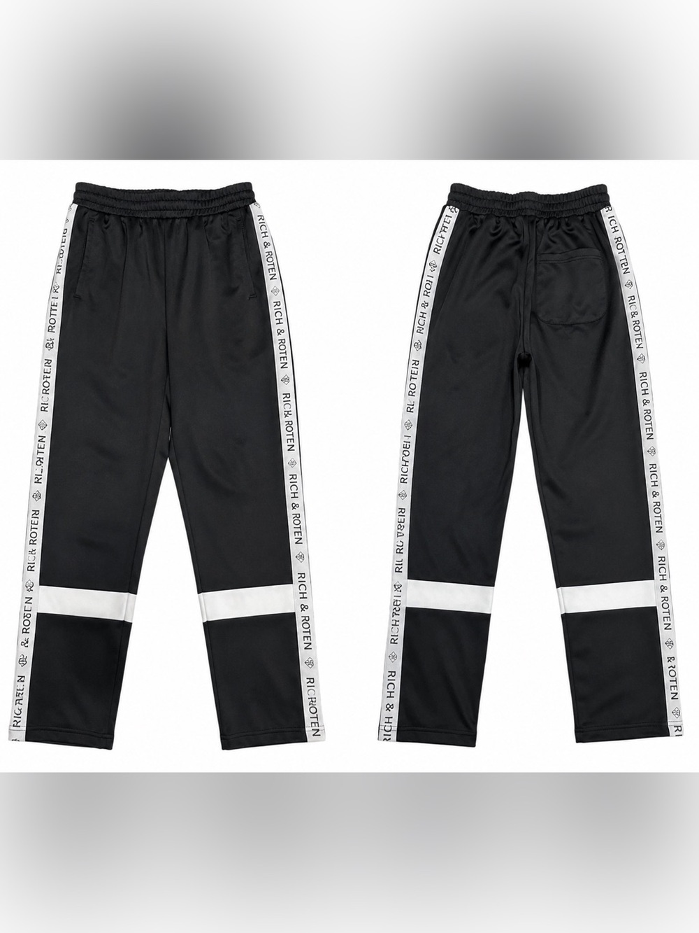 BLACK AND WHITE STRIPED RICH AND ROTTEN TRACK PANTS